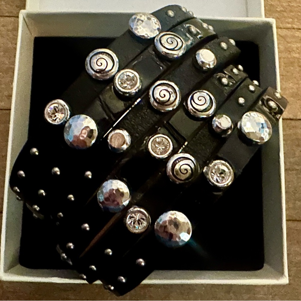 Brighton Black Leather Thea Wide Crystal Studded Wrap Silver Plated Bracelet